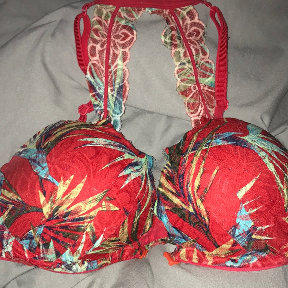 Red Tropical Print Padded Bra with Embroidered Straps